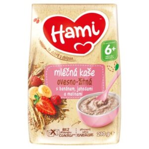 HAMI Mliečna kaša ovseno - ražná s banánom, jahodami a malinami 210 ml