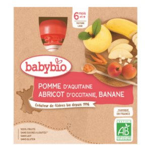 BABYBIO Jablko marhuľa banán ovocný príkrm od ukonč. 6. mesiaca 4 x 90 g